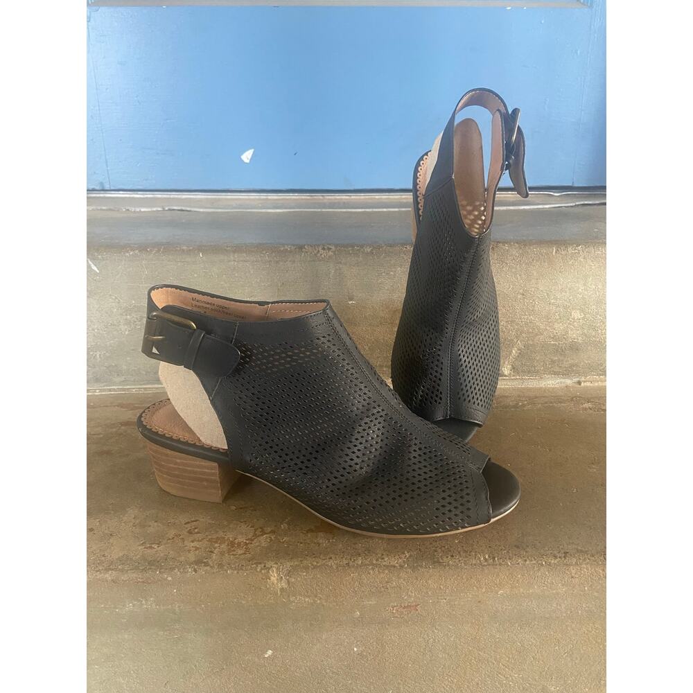 Restricted brand faux leather perforated upper sling back sandal